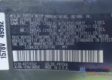 2012 Toyota Sienna Le V6 8 Passenger z USA, uszkodzony, nr VIN 5TDKK3DC1CS261146